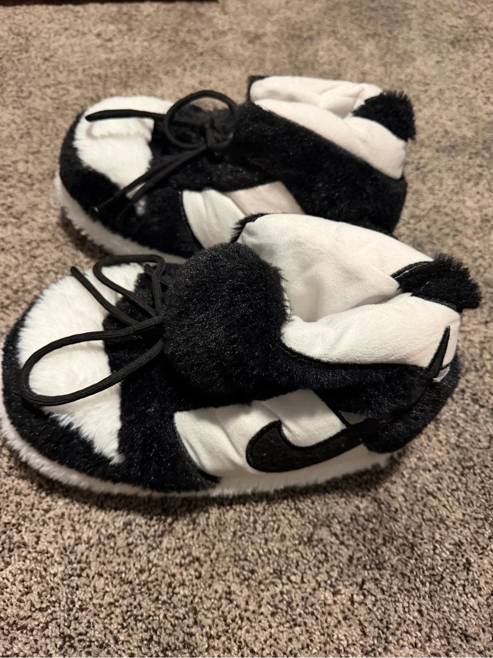 Kids Black and White Plush Bootie Slippers